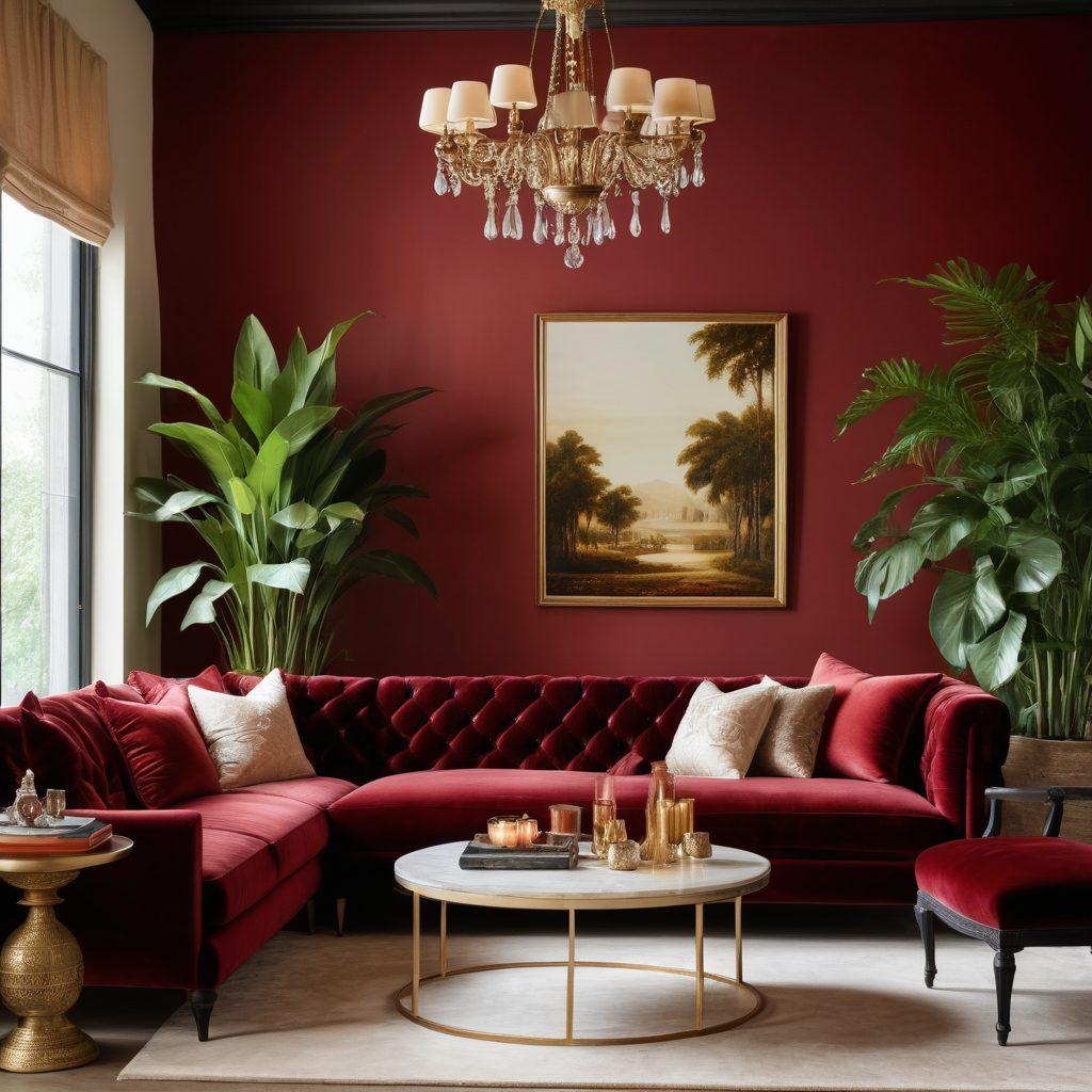 A beautifully decorated living space featuring soft, ambient lighting, lush textiles, and elegant decor elements that evoke passion and seduction. Incorporate a plush velvet sofa, scented candles, and an intimate dining setup with wine glasses, surrounded by decorative plants. The color palette should consist of deep reds, rich golds, and soft neutrals. Capture a cozy yet chic atmosphere that invites comfort and romance. super-realistic. vibrant colors.