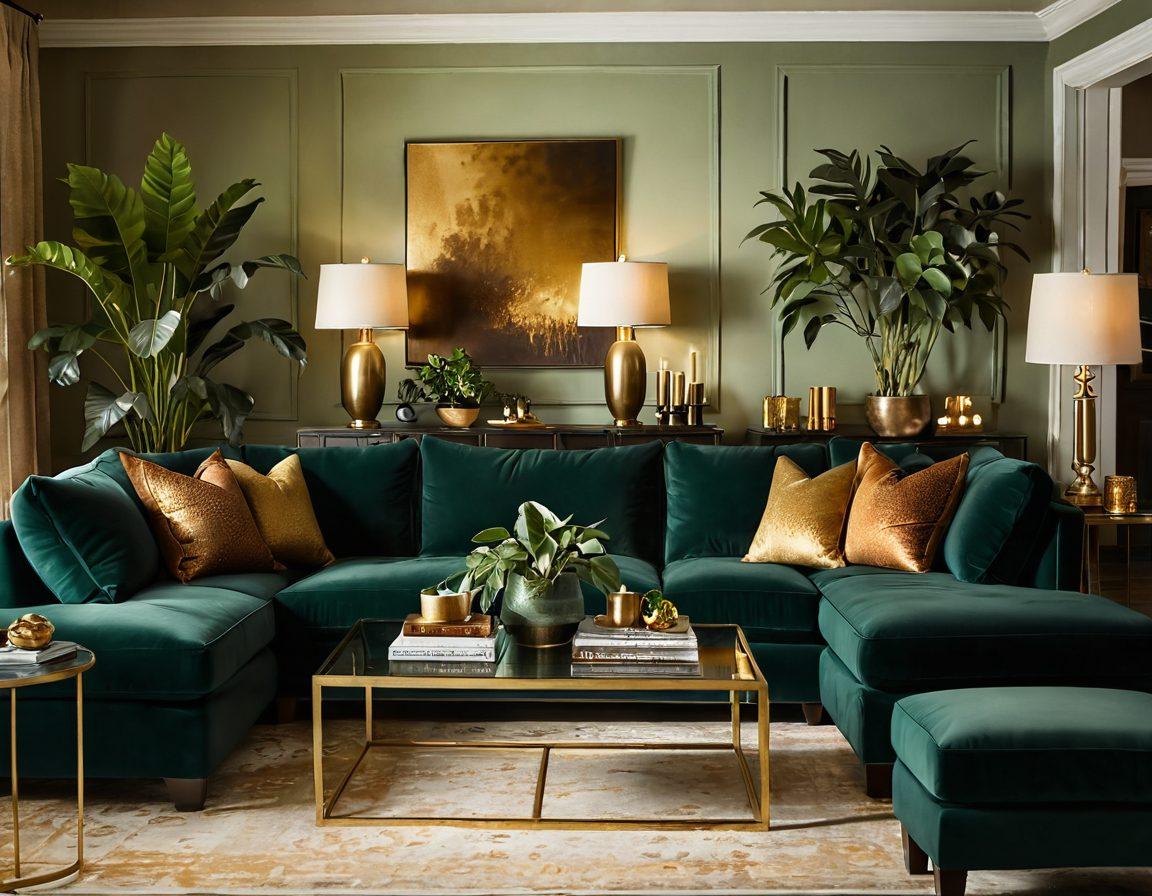 A cozy living room featuring rich textures, elegant furnishings, and warm lighting, highlighting intimate corners with plush seating, luxurious fabrics, and vibrant houseplants. Incorporate gold accents and soft candlelight to create a stimulating atmosphere. Showcase a harmonious color palette of deep greens, warm browns, and hints of gold. super-realistic. warm tones. soft focus.