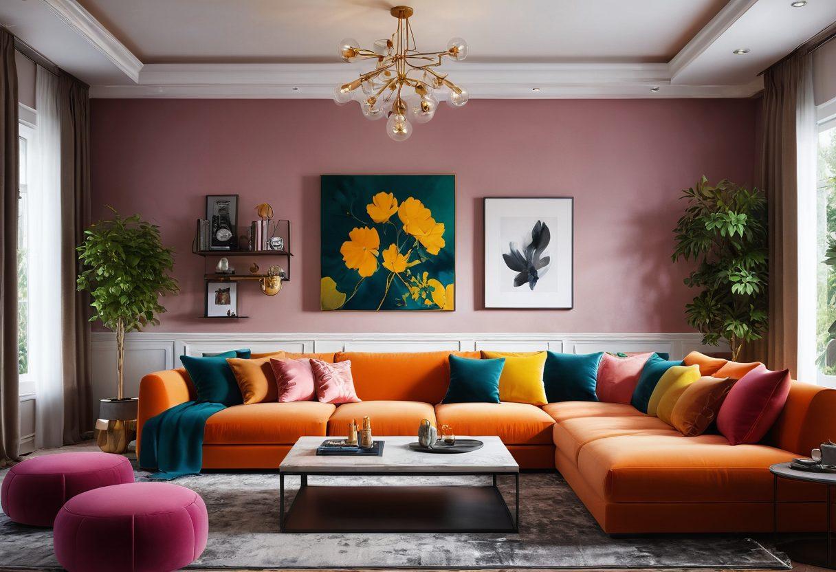 A stylish living room with bold colors and provocative fabrics, showcasing flirtatious decor elements like playful cushions and artistic wall art. Include sensual lighting with warm tones, elegant furniture with curvy designs, and a touch of greenery for freshness. Capture a feeling of intimacy and allure with a cozy atmosphere. super-realistic. vibrant colors. 3D.